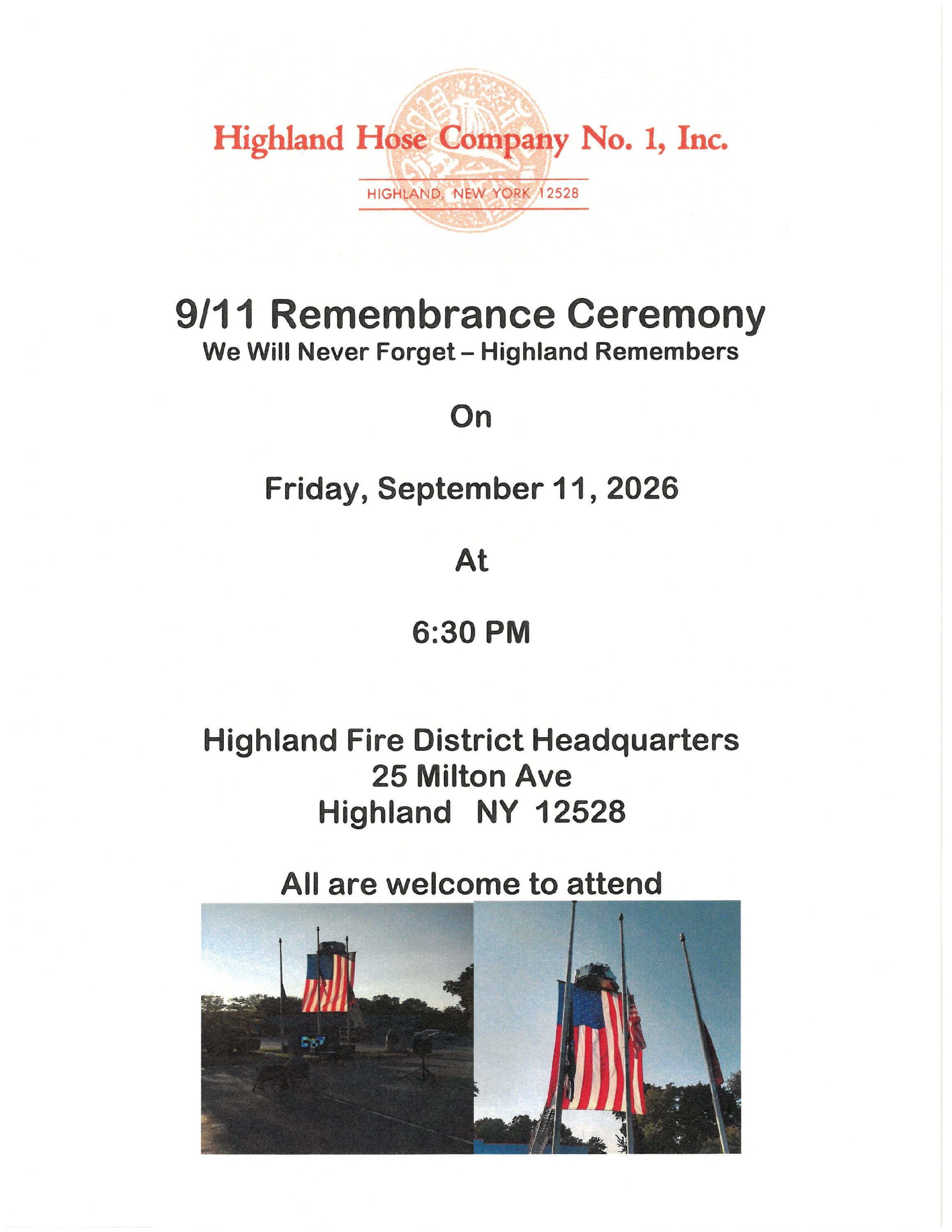 9-11 Remembrance Ceremony 2026 Friday, September 11, 2026, at 06:30 PM